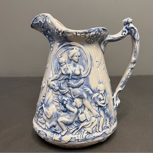 VTG Duncan Blue & White 3D Lady And Cherubs Design Ceramic Pitcher 7.75”